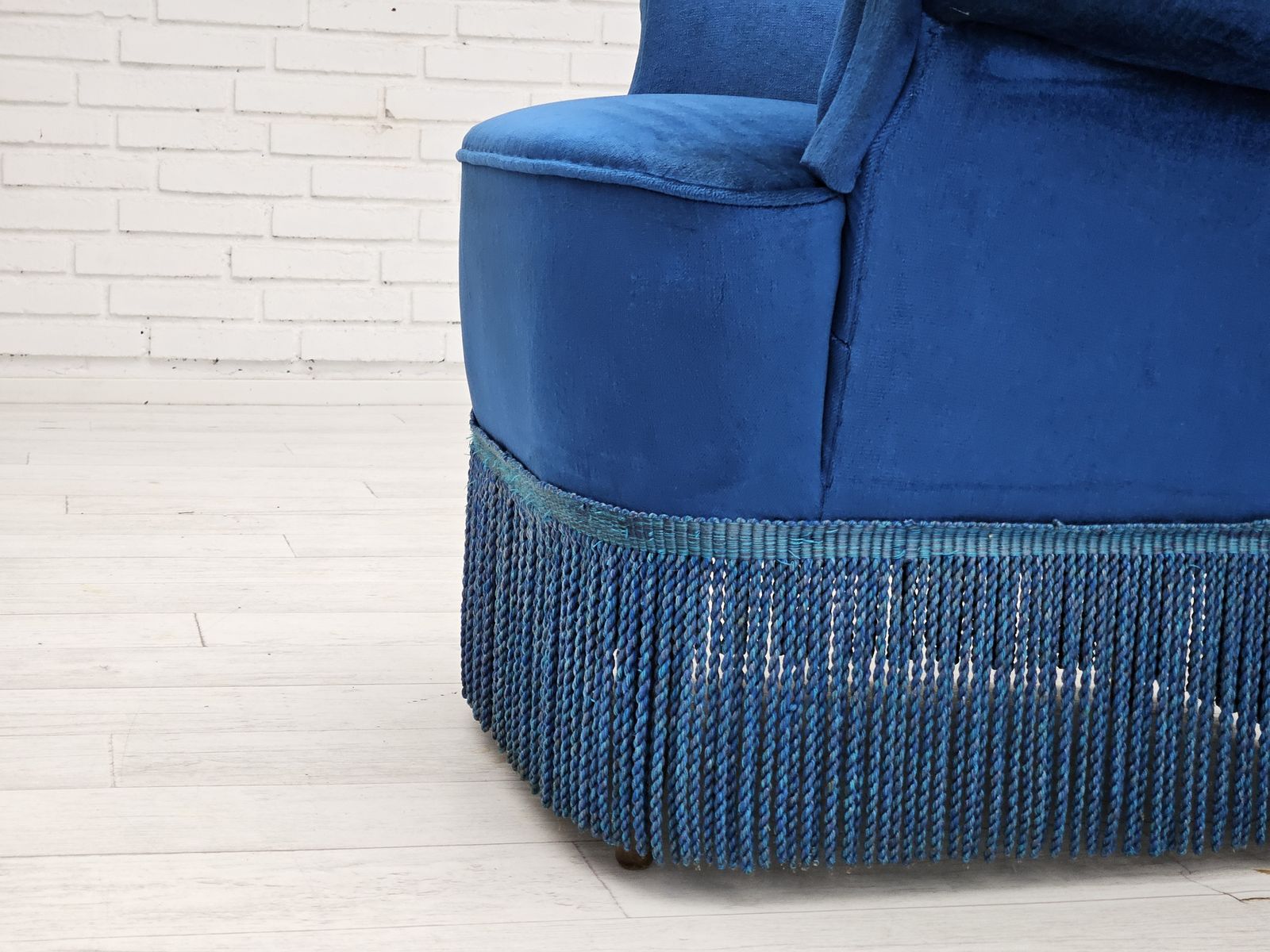 1960s, Danish Lounge Chair, Blue Furniture Velour, Beech Wood Legs. photo for sale