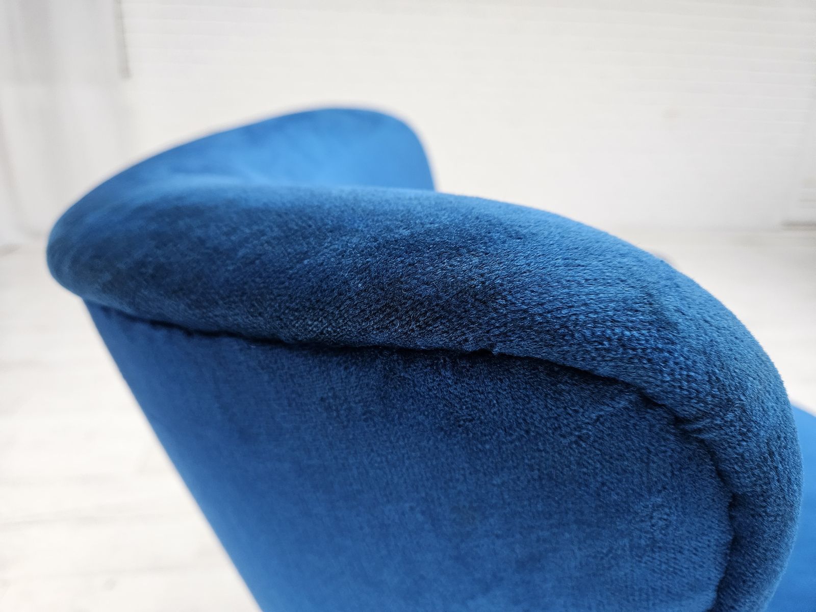 Furniture 1960s, Danish Lounge Chair, Blue Furniture Velour, Beech Wood Legs. photo