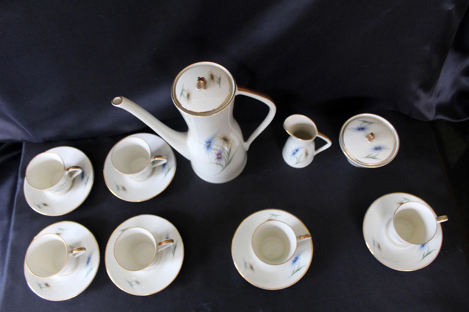 photo for sale 17 Piece Vintage Edelstein Bavaria Porcelain Coffee Set, 6 Cups And Saucer, Lidded Sugar Bowl, Creamer, Coffee Pot With Lid