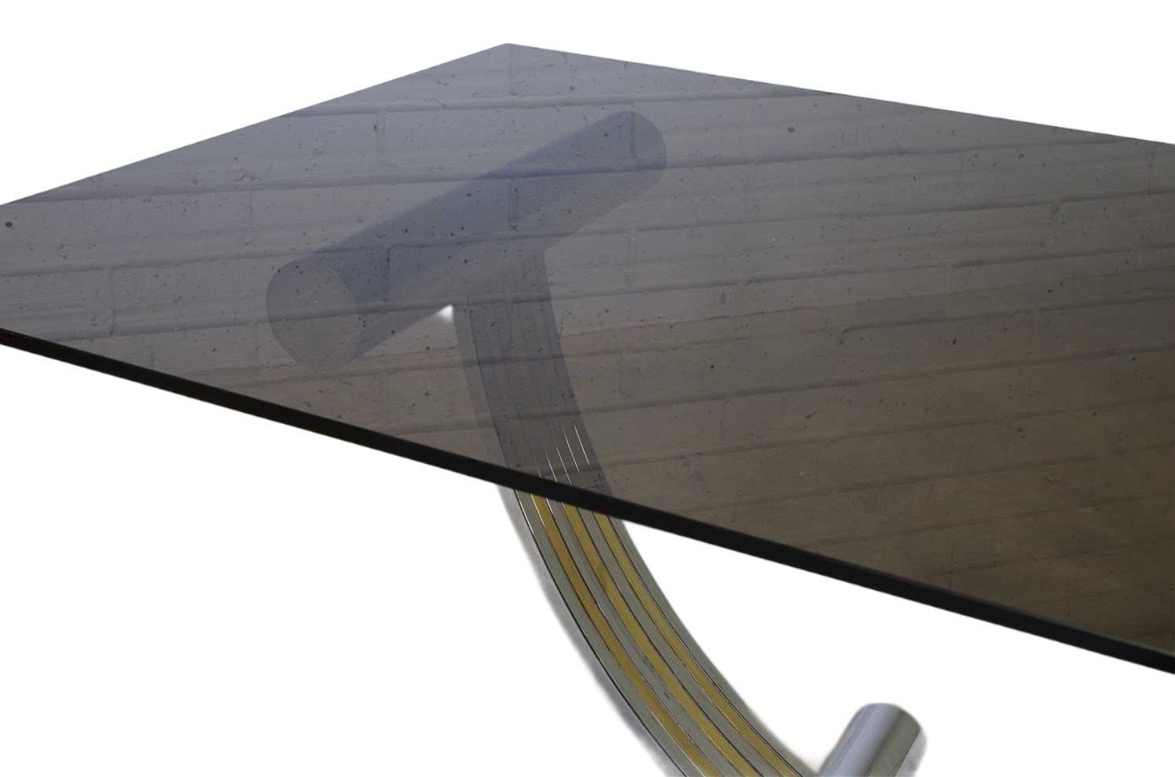 Renato Zevi, Italian Mid Century Modern Chrome Gilt / Brass Smoked Glass Dining Table photo 1250.0