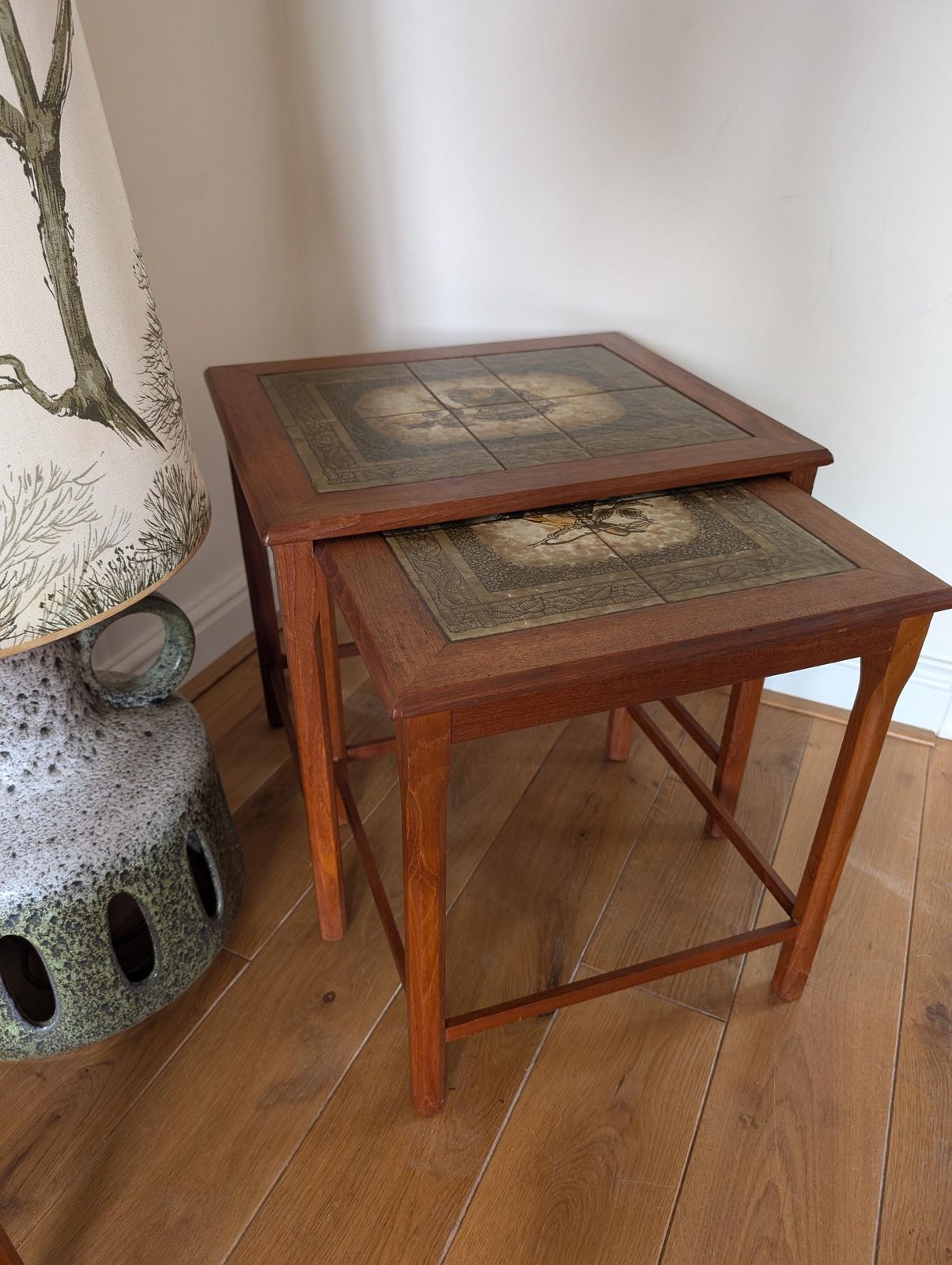 Mid Century 1960s Mobelfabrikkken Toften Danish Nest Of Tiled Top Tables. Amazing Vintage Condition. Mid Century Modern With Bird Design. photo Furniture