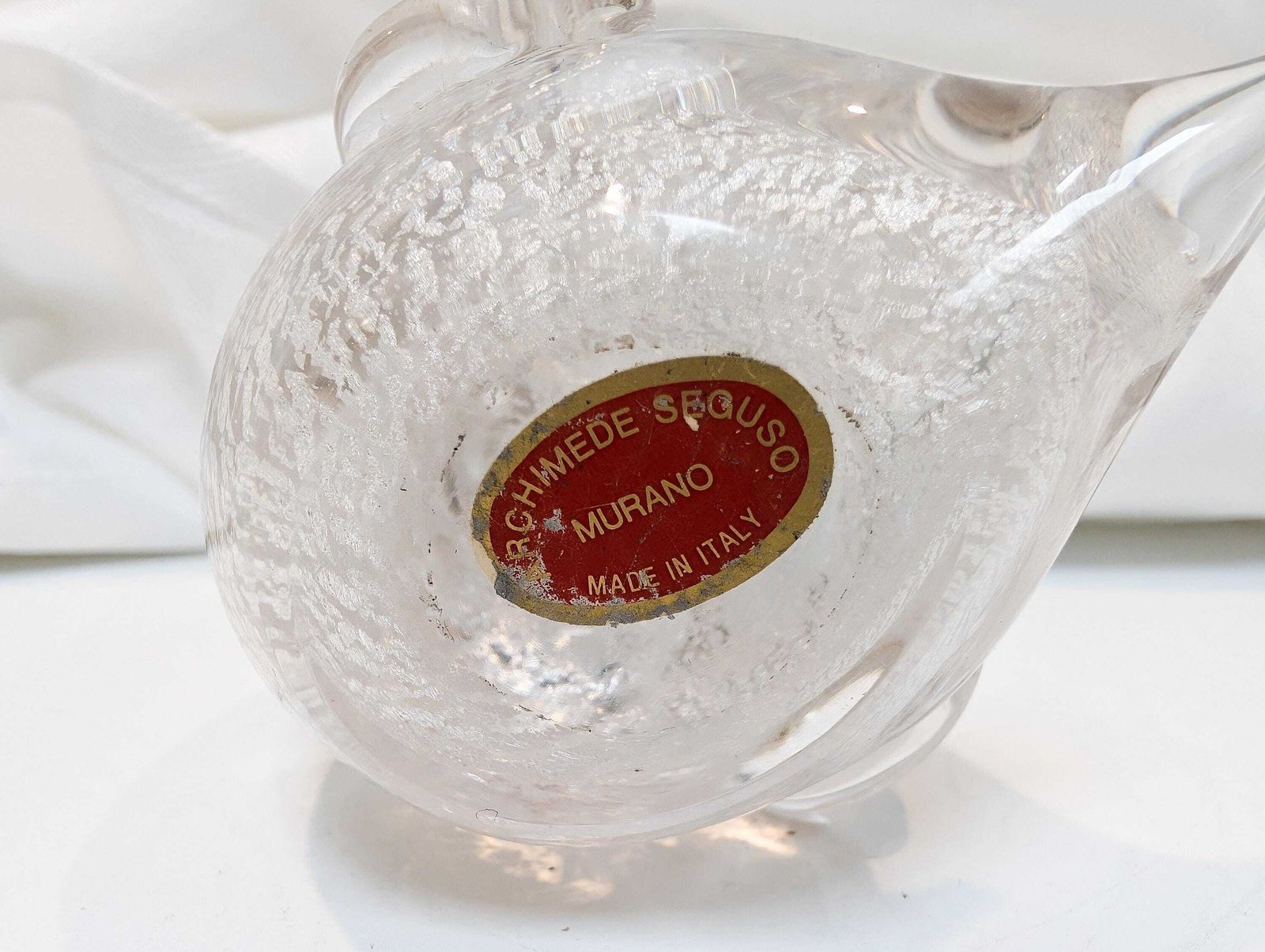 Rare Archimede Seguso 1980s Murano Glass Duck, Perfect Condition, Silver Spangles Throughout. Bubble Glass Effect With Original Red Label. photo buy