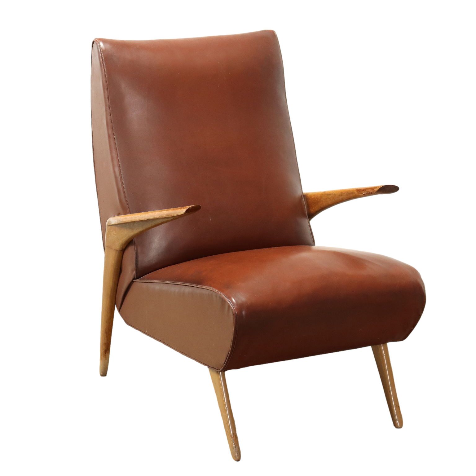 Vintage Armchair Wood Spring Padding Leatherette 1950s