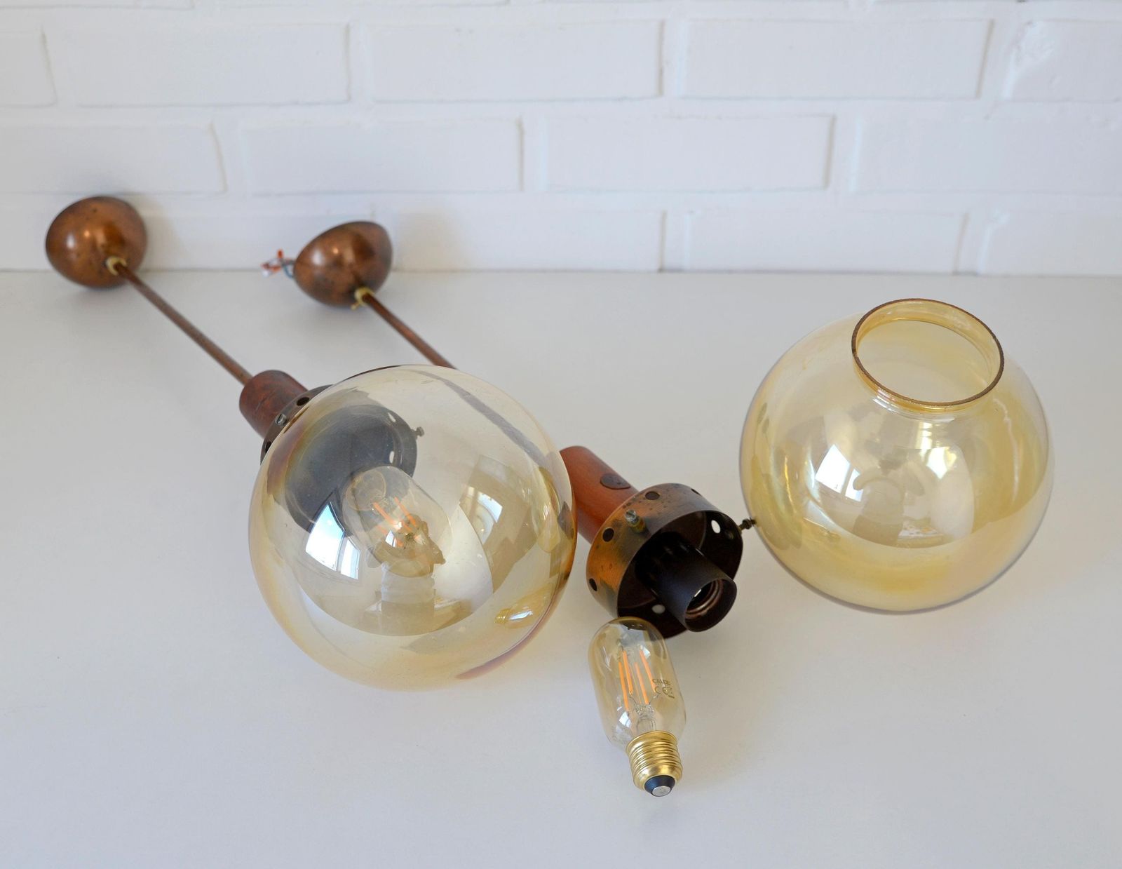 Vintage Pendant Light / Set Of 2 / Mid Century Rustic Lamp / Wooden Hanging Lamp / Yugoslavia 70 / Copper Ceiling Lighting / Farmhouse Lamp photo vintage