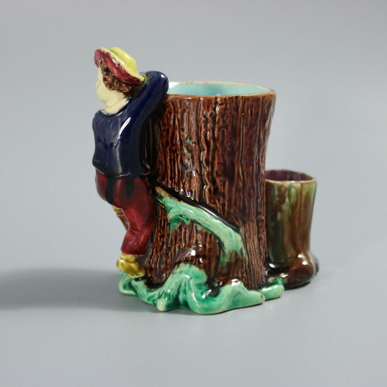 Holdcroft Majolica Boy Climbing Tree Posy Vase photo for sale