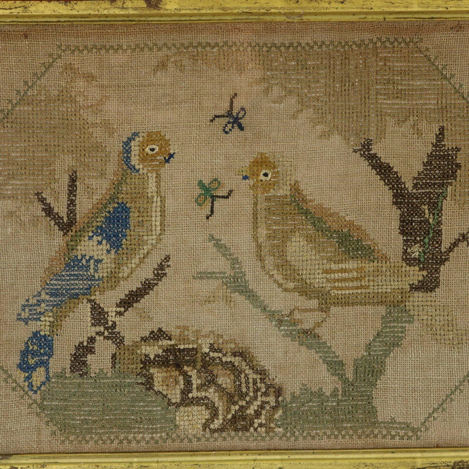 Antique Embroidered Picture Of A Pair Of Birds. photo furniture