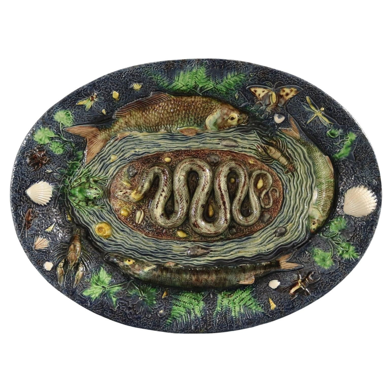 Large School Of Paris Palissy Majolica Wall Platter With Snake And Fish