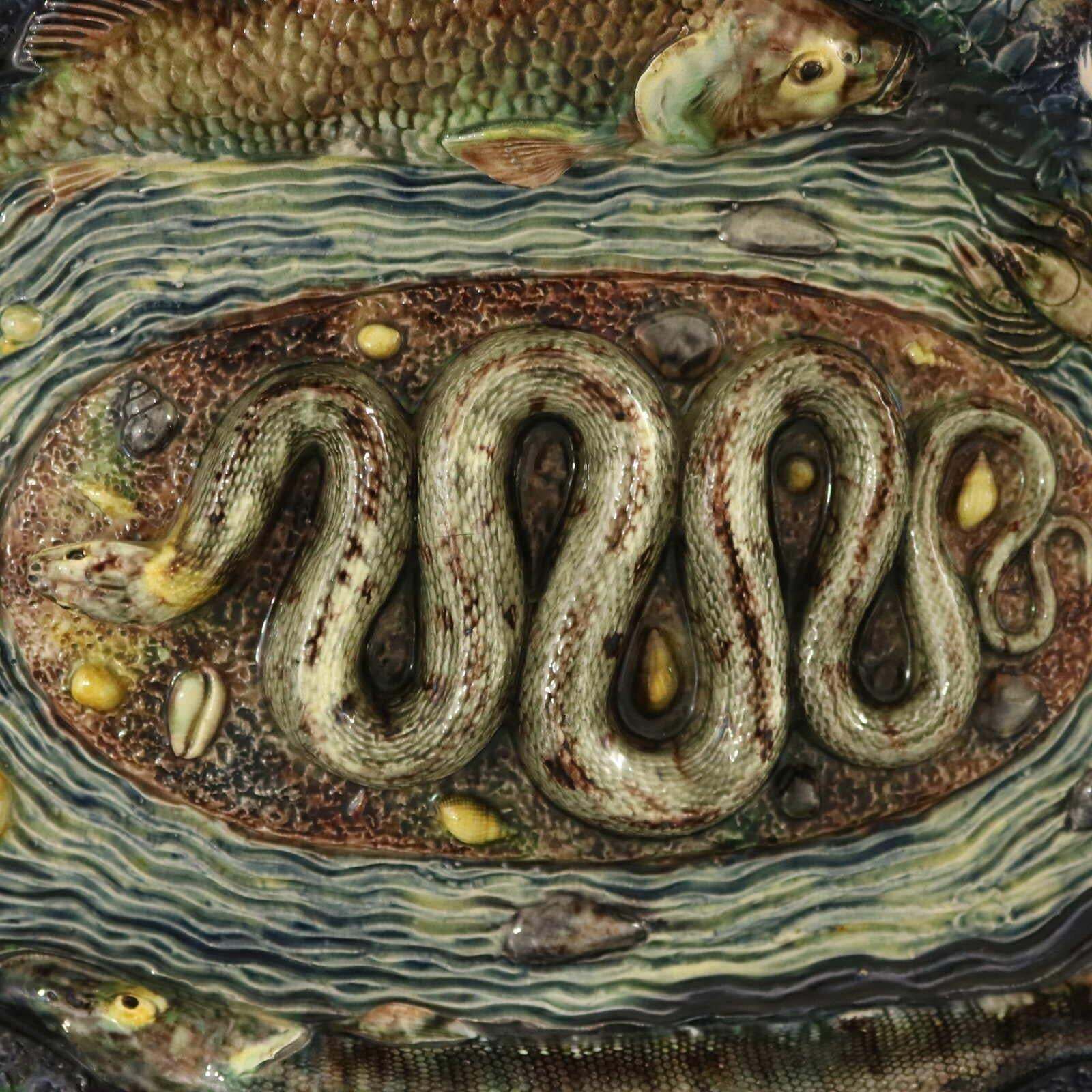 Large School Of Paris Palissy Majolica Wall Platter With Snake And Fish photo furniture