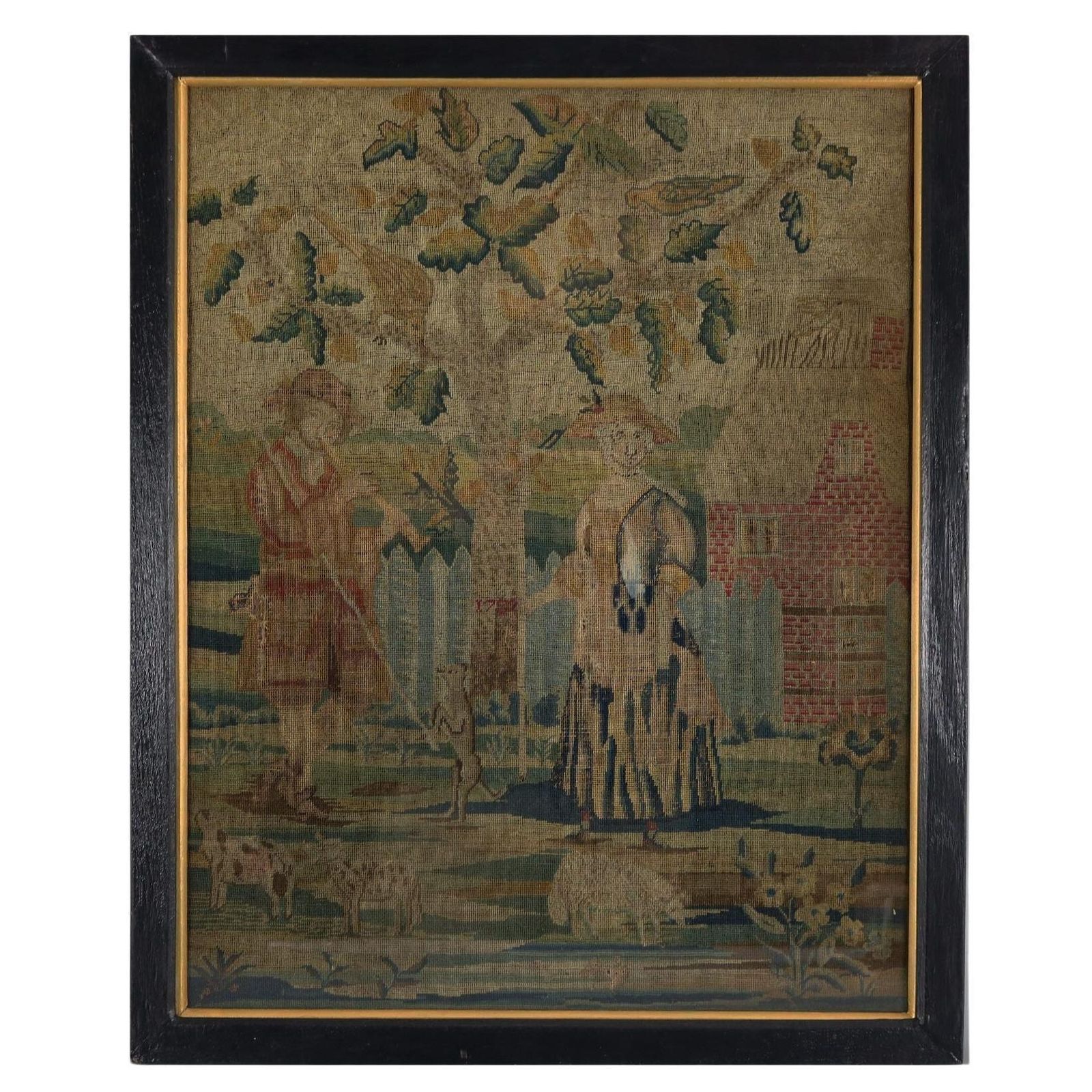 18th Century, 1732 Petit Point Embroidery Picture Of Lady & Gent