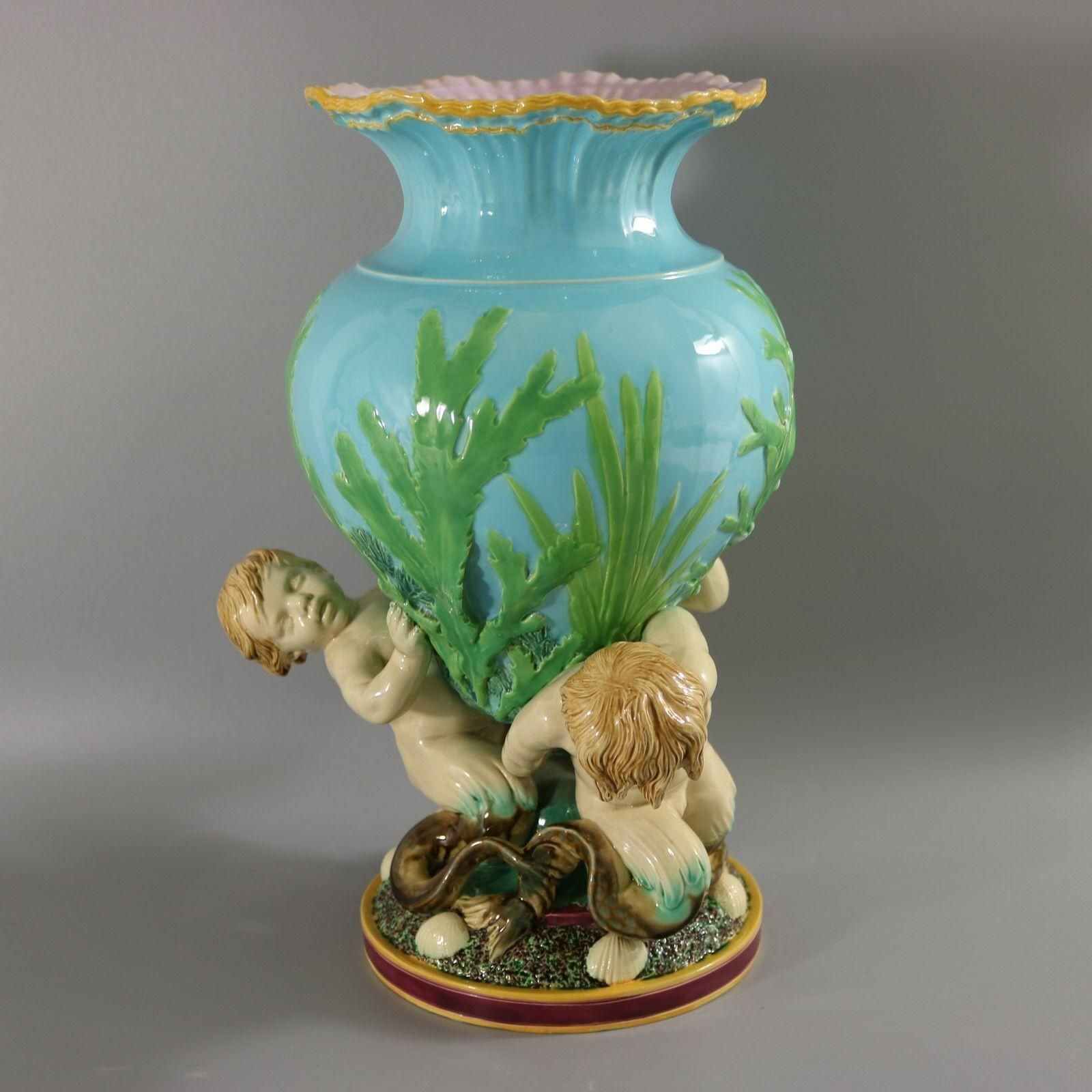 Victorian Minton Majolica Marine Vase With Merboys photo vintage