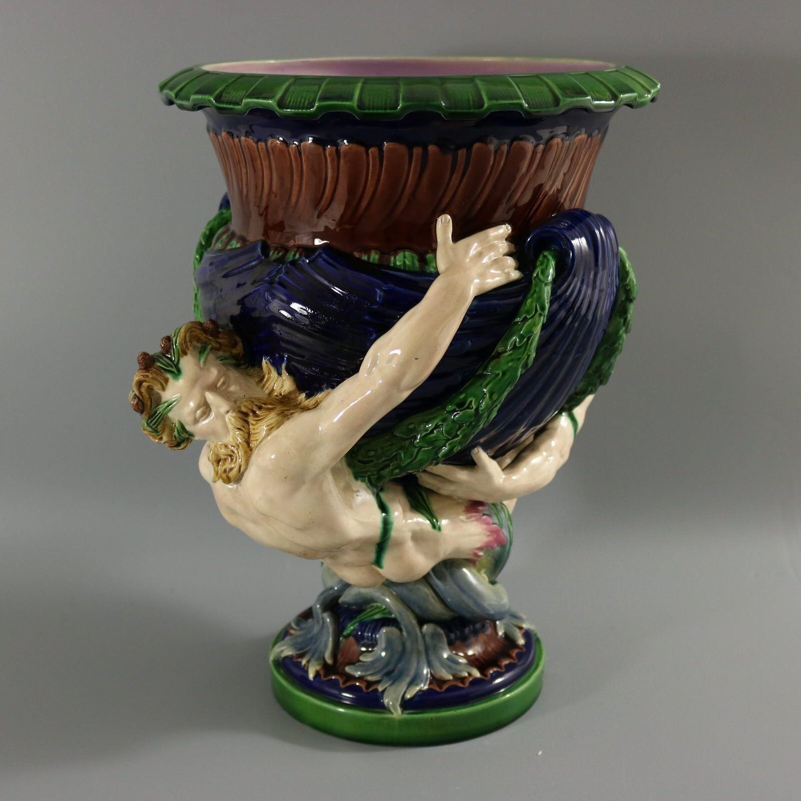 Victorian Minton Majolica Marine Mermen Jardiniere Pink Interior photo vintage