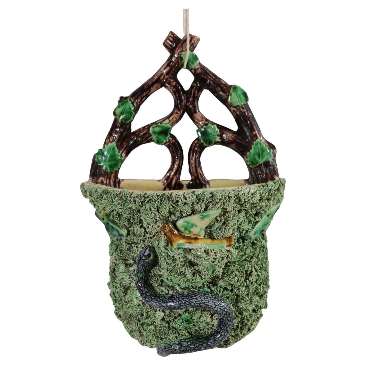 Portuguese Palissy Majolica Snake & Bird Wall Pocket