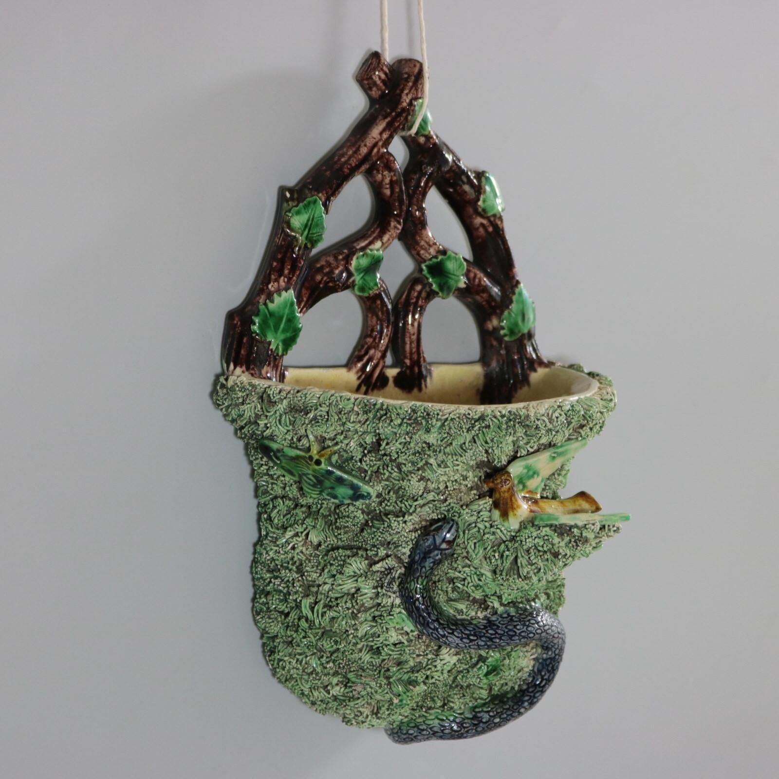 Portuguese Palissy Majolica Snake & Bird Wall Pocket photo furniture
