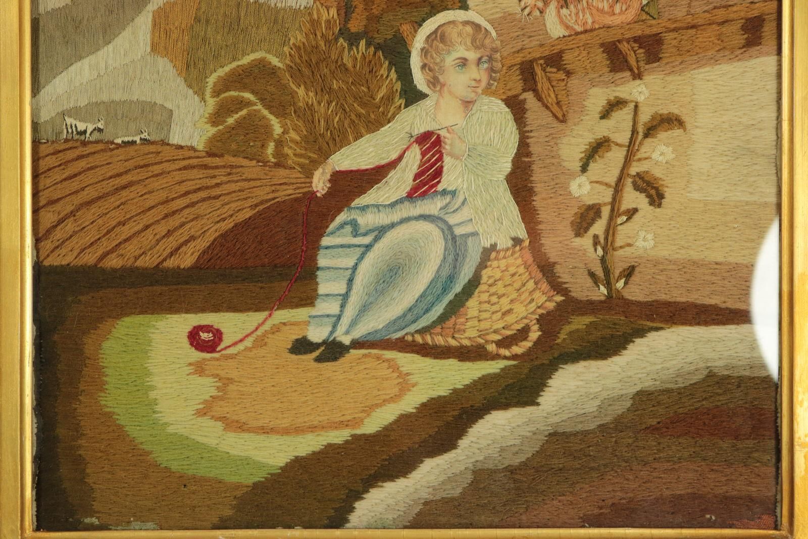 Georgian Woolwork Picture Of Child Playing With Cat photo for sale
