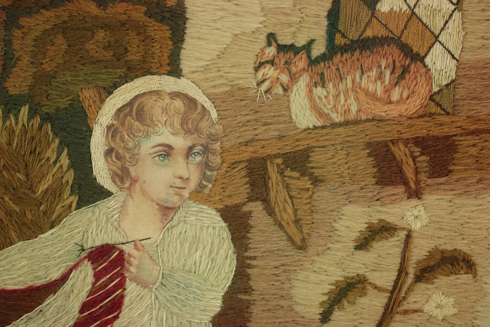 Georgian Woolwork Picture Of Child Playing With Cat photo vinterior
