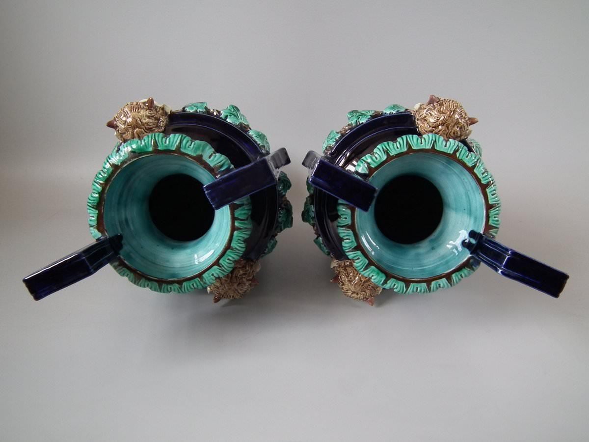 Pair Of Hugo Lonitz Majolica Satyr Vases photo vintage