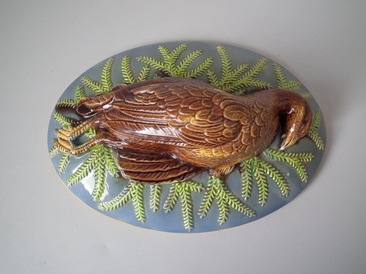 George Jones Majolica Partridge Game Pie Dish And Cover photo vintage