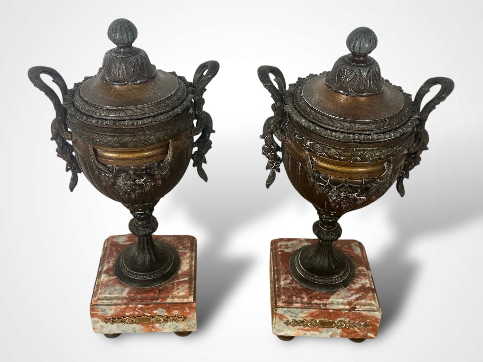 Pair Of French Spelters Urns On Marble Bases photo furniture