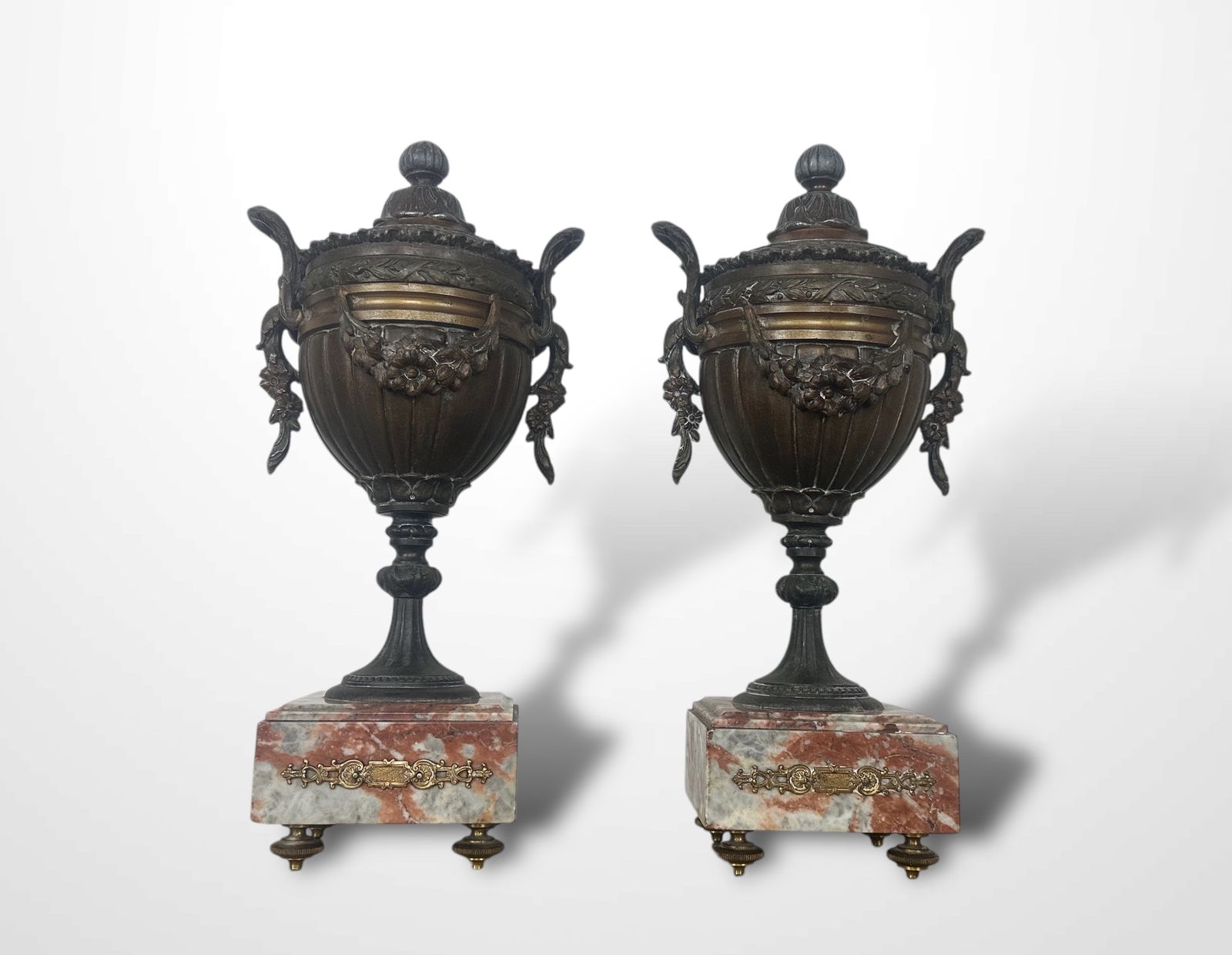 Pair Of French Spelters Urns On Marble Bases photo buy