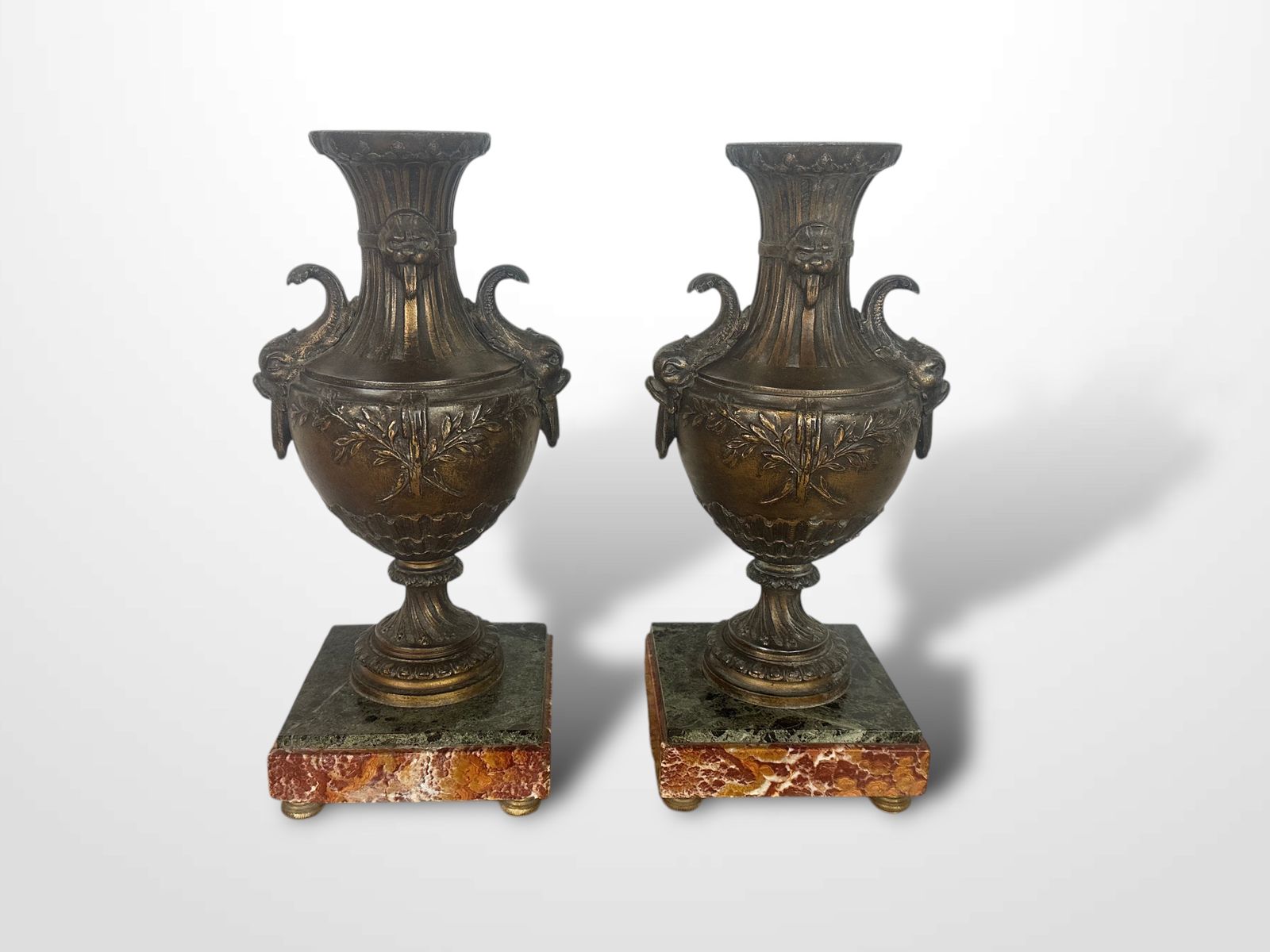 Pair Of French Spelter Vases Urns On Marble Bases photo Home Decor