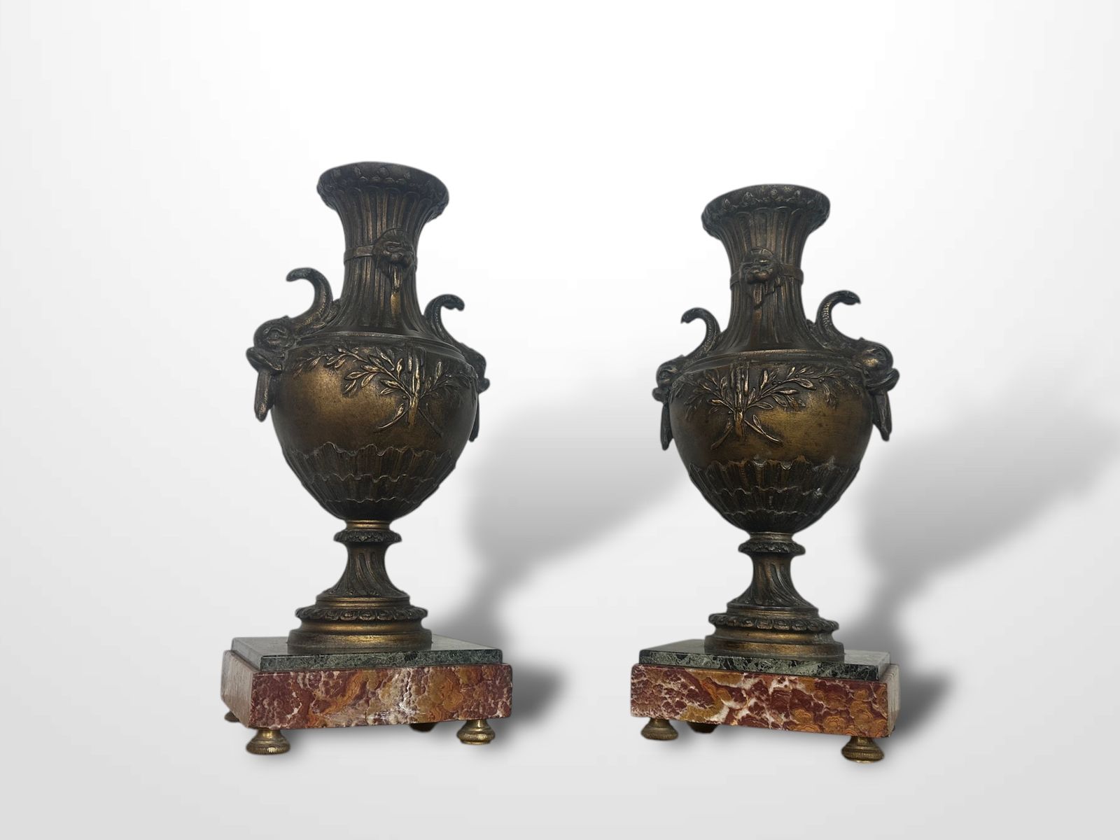 Pair Of French Spelter Vases Urns On Marble Bases photo 395.0