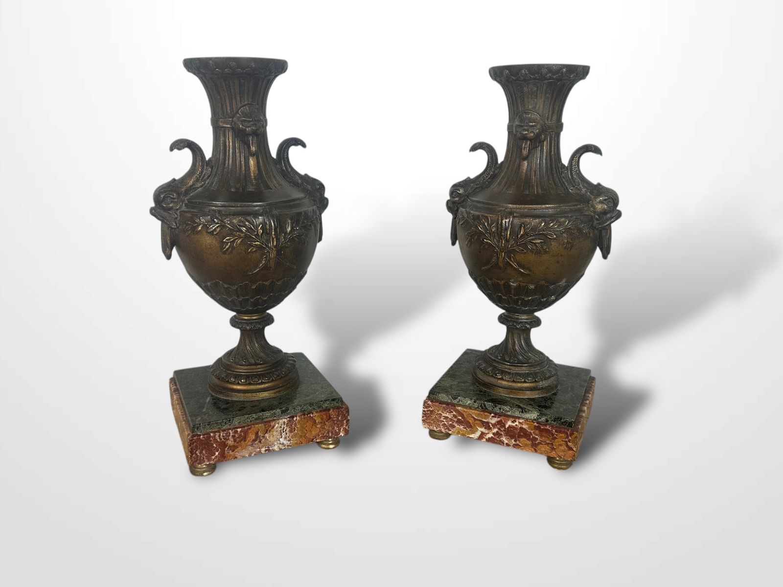 Pair Of French Spelter Vases Urns On Marble Bases photo vinterior