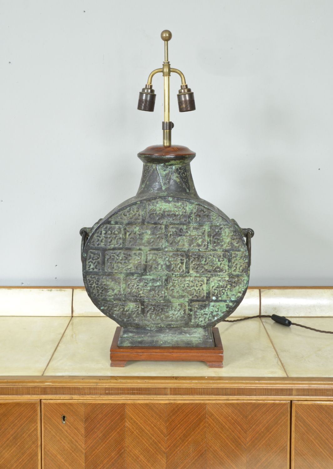 Heavy Chinese Bronze Moonflask Table Lamp Taotie Masks James Mont Han Dynasty Style Midcentury