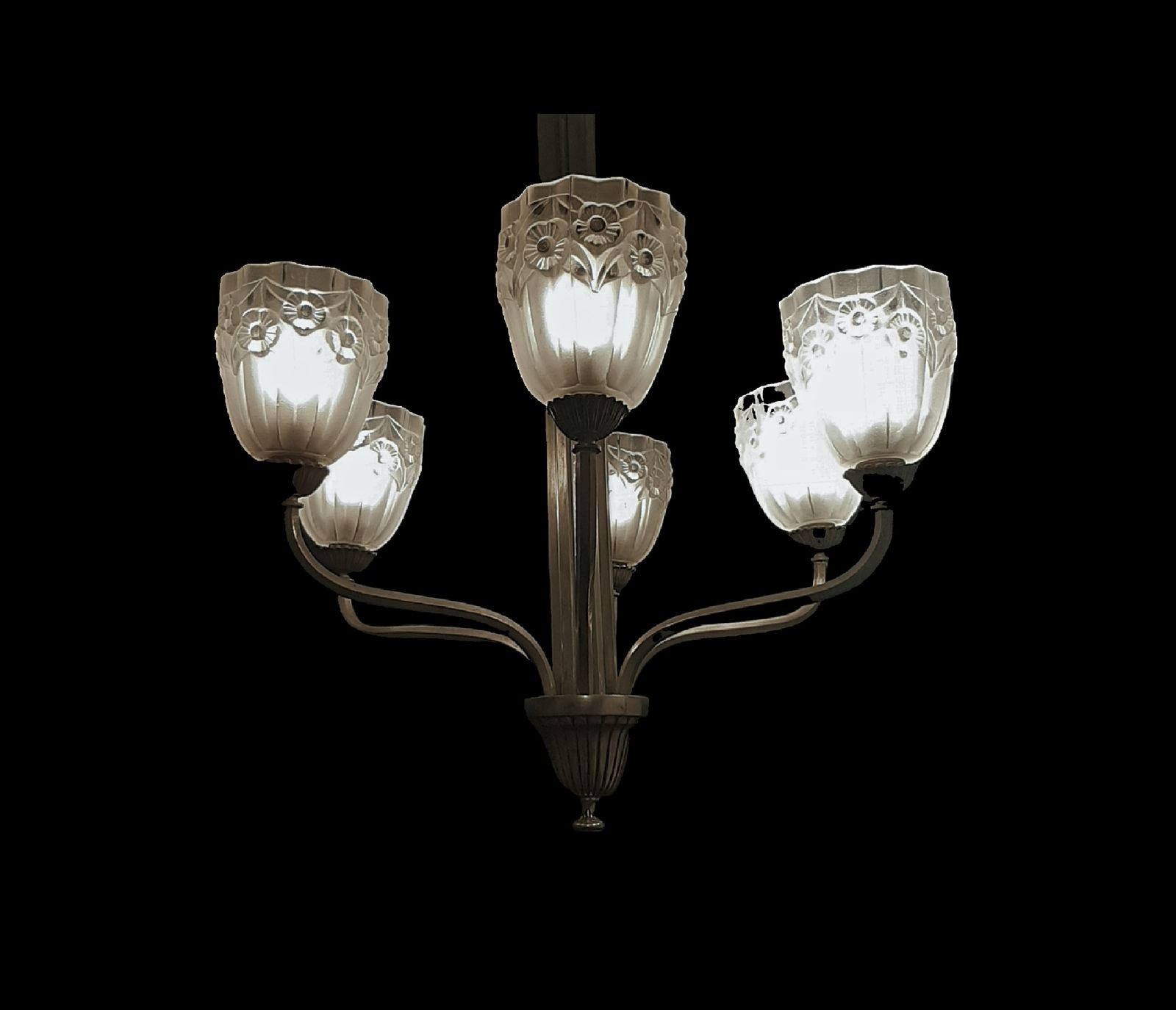 Art Deco Chandelier Elegant French 1930s Design Low 66cm Drop Glass Shades By Degue Daisies Model Nickel Plated Fixture photo vintage