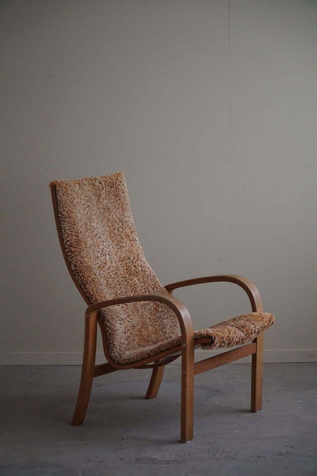 Swedish Mid Century Modern, Highback Armchair In Oak & Lambswool, 1960s photo vinterior