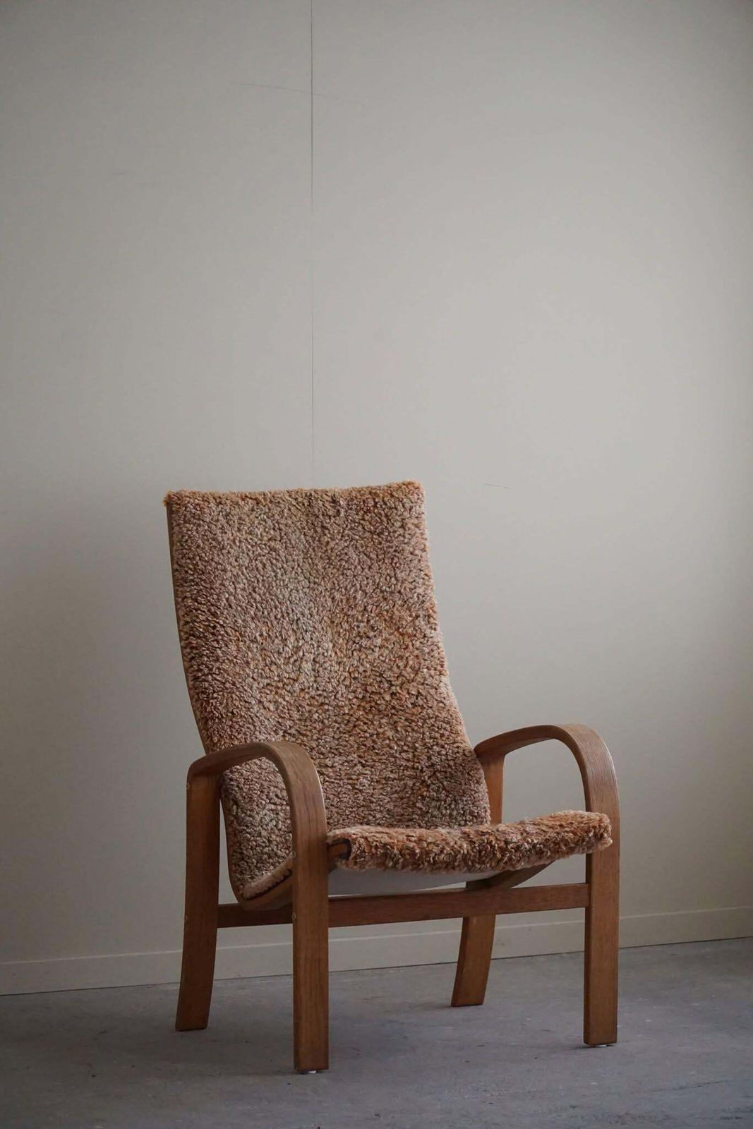 Swedish Mid Century Modern, Highback Armchair In Oak & Lambswool, 1960s photo vintage