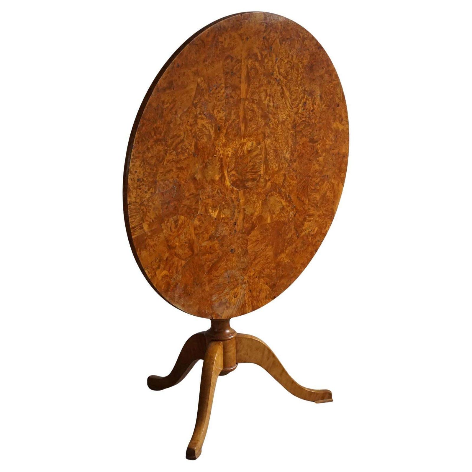 A Round Antique Swedish Folding Table In Burl Wood, Early 19th Century