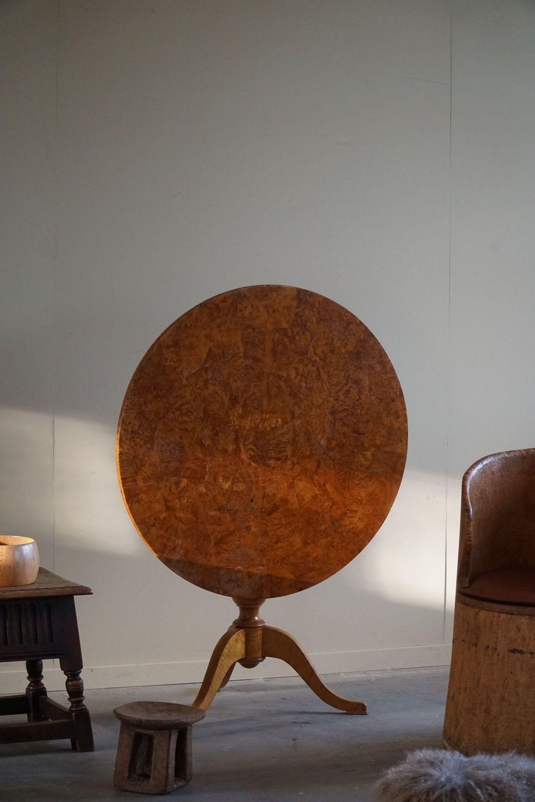 A Round Antique Swedish Folding Table In Burl Wood, Early 19th Century photo for sale