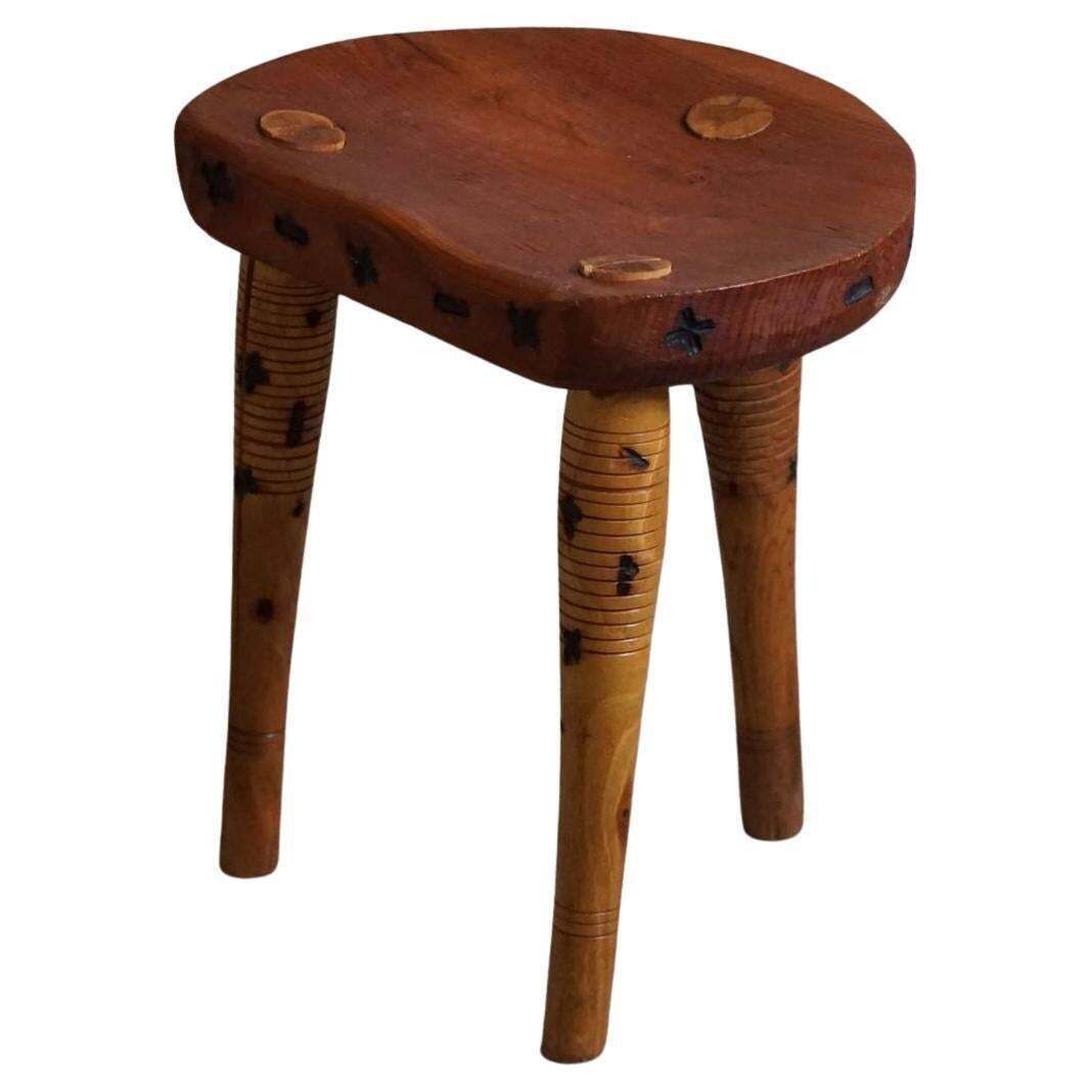 Primitive Tripod Stool In Solid Pine, Swedish Modern, Ca 1950s