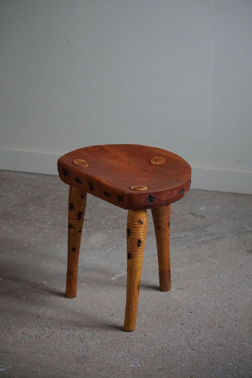 photo for sale Primitive Tripod Stool In Solid Pine, Swedish Modern, Ca 1950s