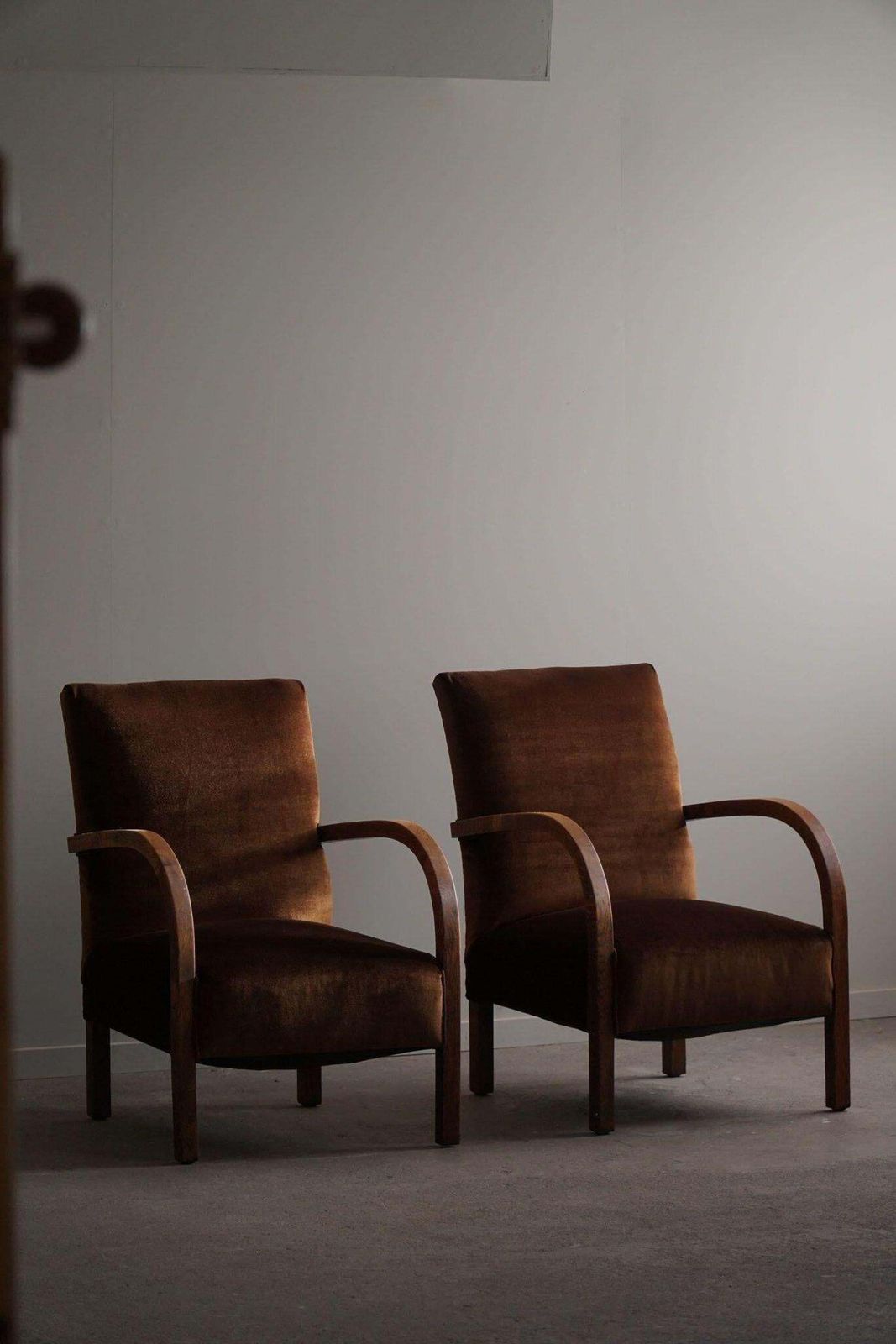 Fritz Hansen, Pair Of Danish Curved Art Deco Lounge Chairs, Reupholstered, 1940s photo furniture