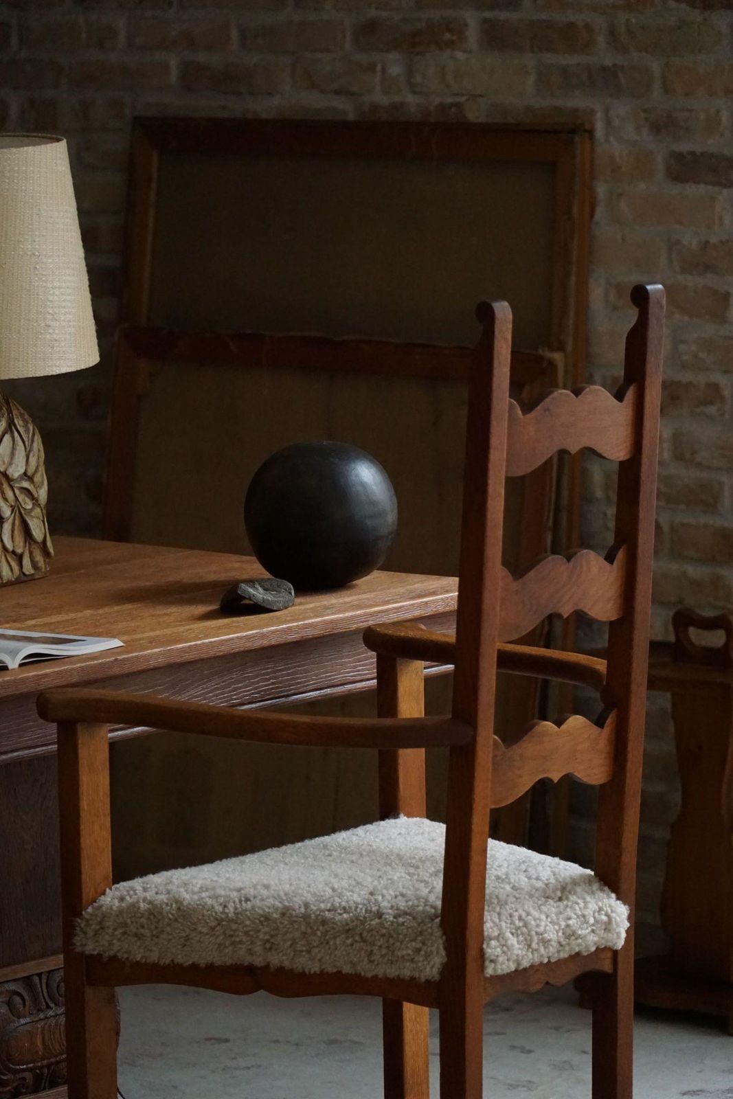 Classic Armchair In Oak & Lambswool Seat, Danish Mid Century Modern, 1950s photo vinterior