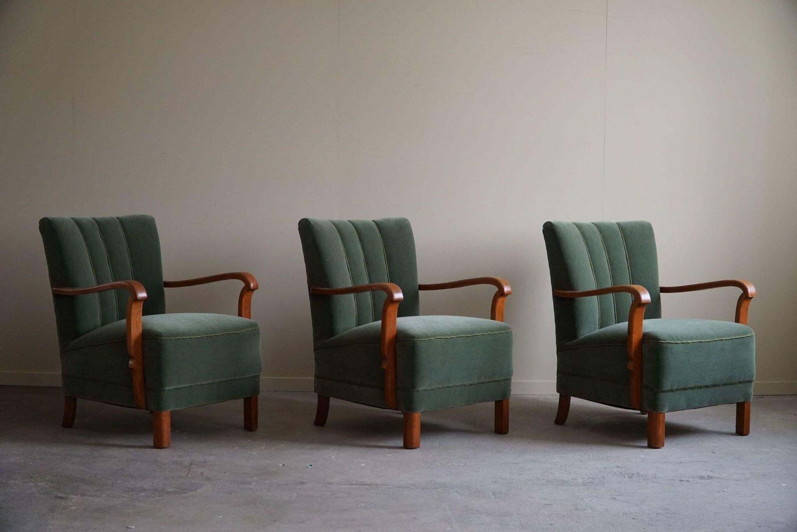 Danish Art Deco, Set Of 3 Armchairs In Oak, Reupholstered In Green Mohair, 1930s photo furniture
