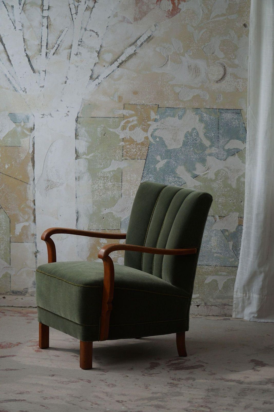 Danish Art Deco, Set Of 3 Armchairs In Oak, Reupholstered In Green Mohair, 1930s photo buy