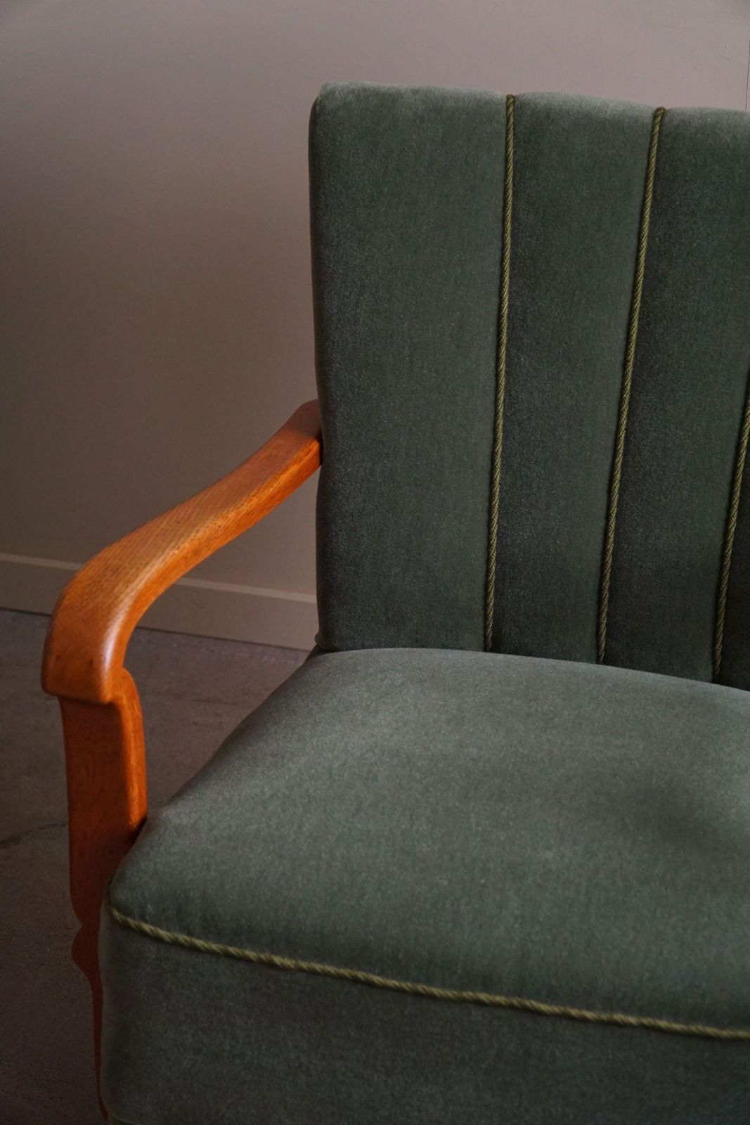 photo for sale Danish Art Deco, Set Of 3 Armchairs In Oak, Reupholstered In Green Mohair, 1930s