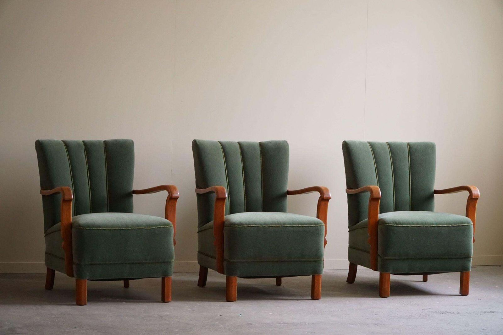 Furniture Danish Art Deco, Set Of 3 Armchairs In Oak, Reupholstered In Green Mohair, 1930s photo