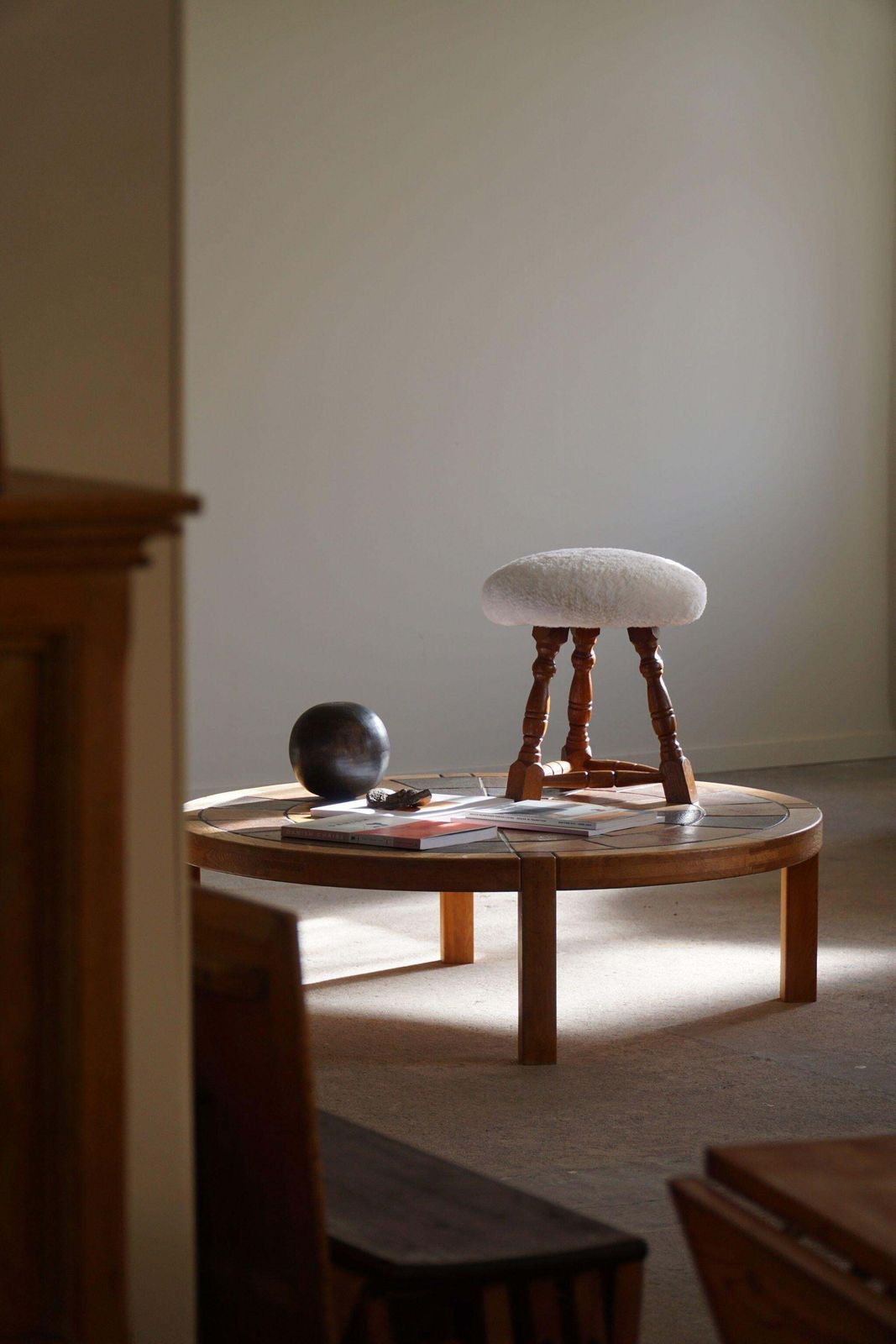 Danish Modern, A Pair Of Tripod Stools, Reupholstered Seats In Lambswool, 1950s photo vinterior