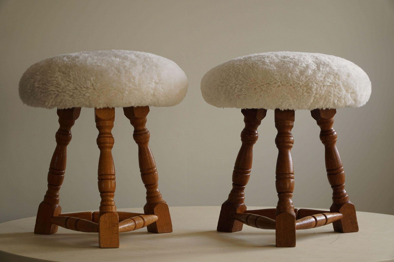 photo vinterior Danish Modern, A Pair Of Tripod Stools, Reupholstered Seats In Lambswool, 1950s