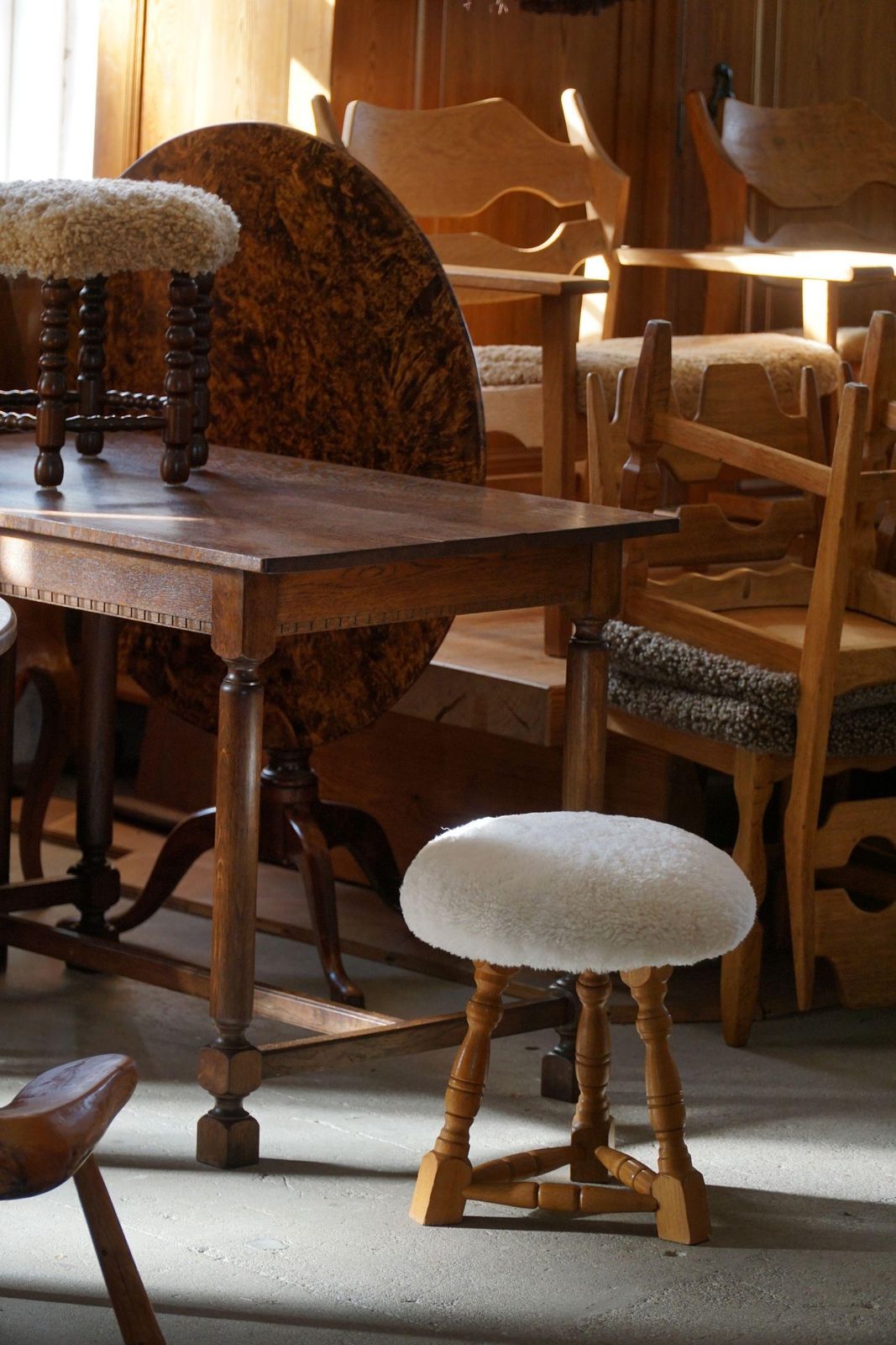 photo buy Danish Modern, A Pair Of Tripod Stools, Reupholstered Seats In Lambswool, 1950s