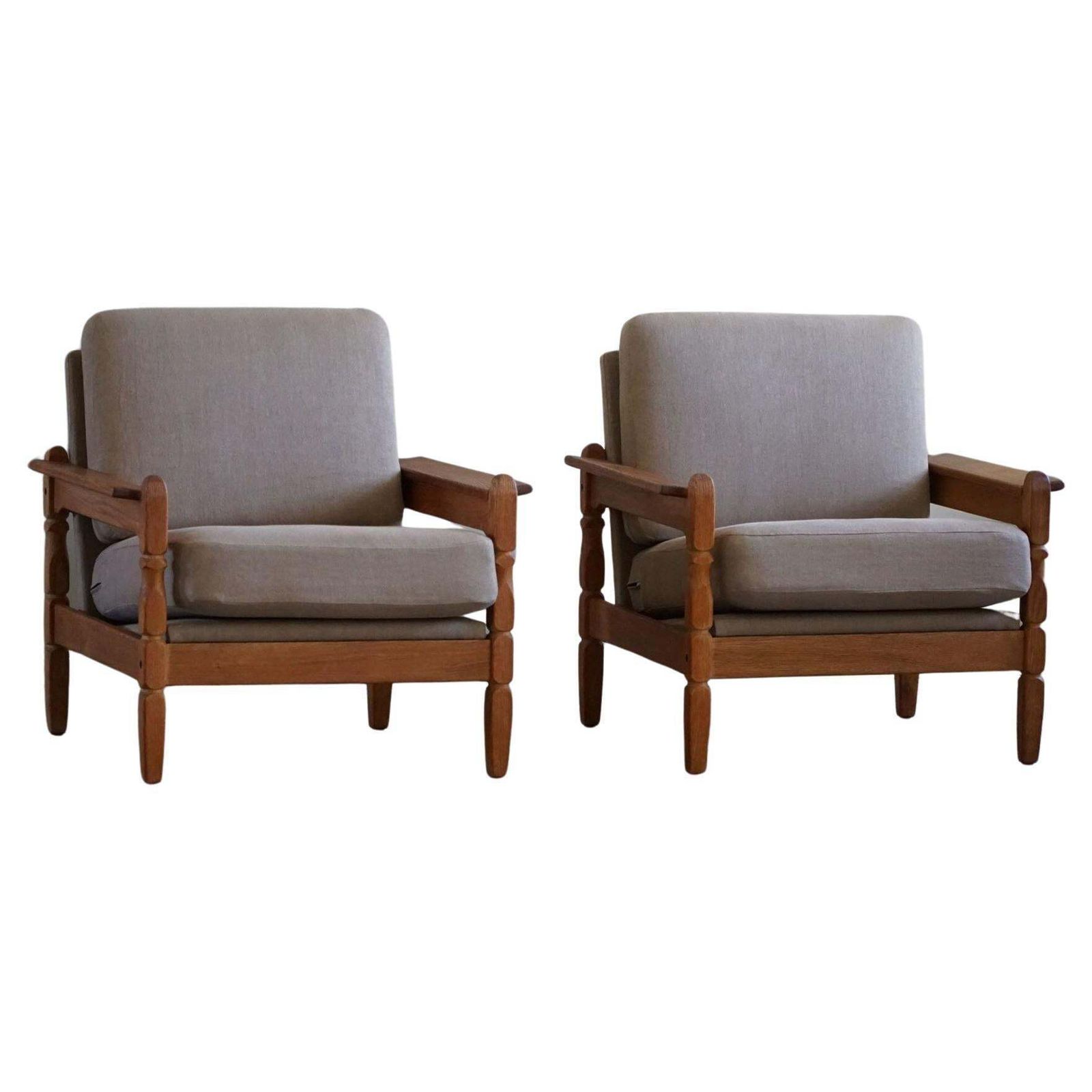 Danish Modern, Pair Of Lounge Chairs In Oak & Linen, Henning Kjærnulf, 1960s