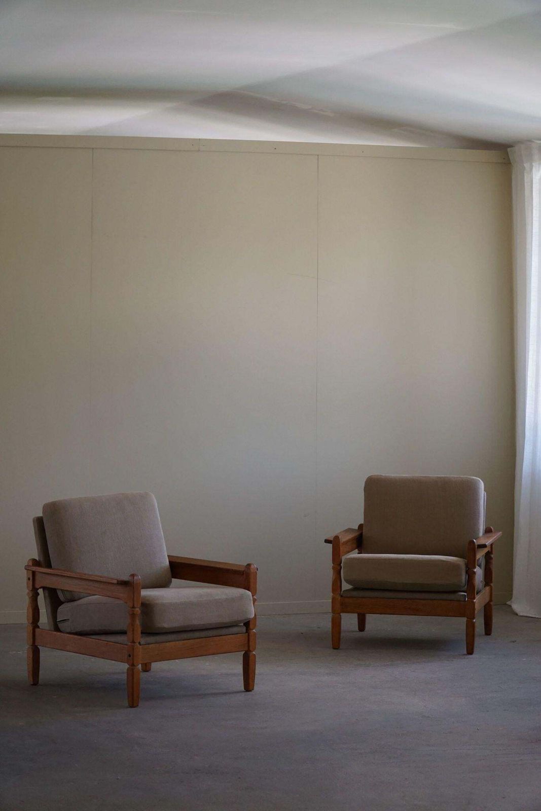 photo buy Danish Modern, Pair Of Lounge Chairs In Oak & Linen, Henning Kjærnulf, 1960s