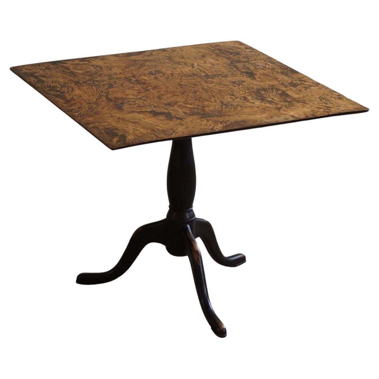 Antique Square Drop Leaf Table In Burl Wood, Handcrafted In Sweden, 19th Century