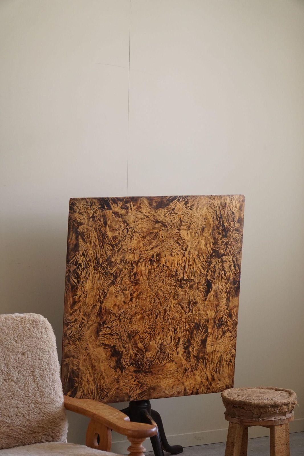 Antique Square Drop Leaf Table In Burl Wood, Handcrafted In Sweden, 19th Century photo buy