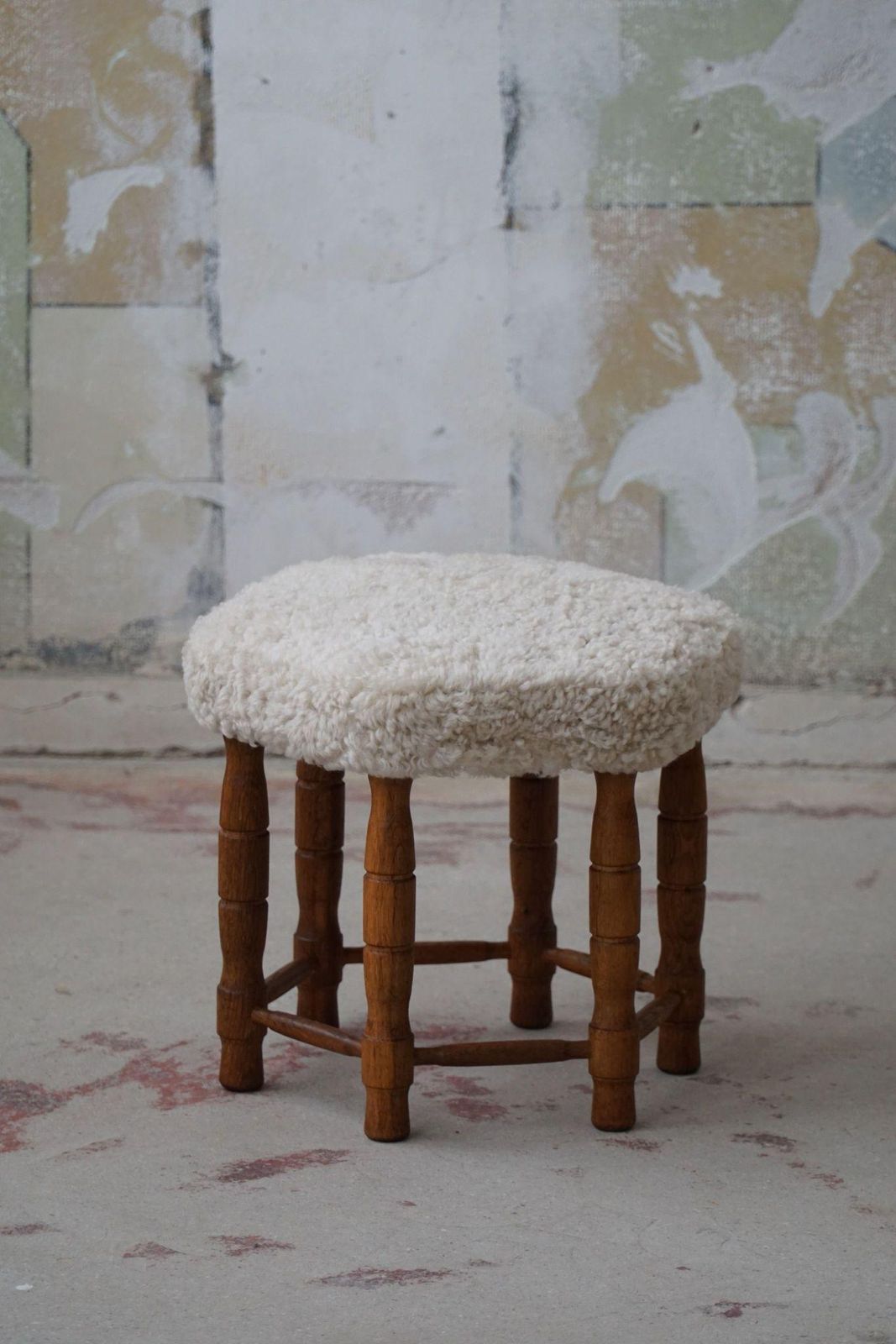 Danish Modern, A Hexagon Stool In Oak, Reupholstered Seat In Lambswool, 1950s photo vinterior
