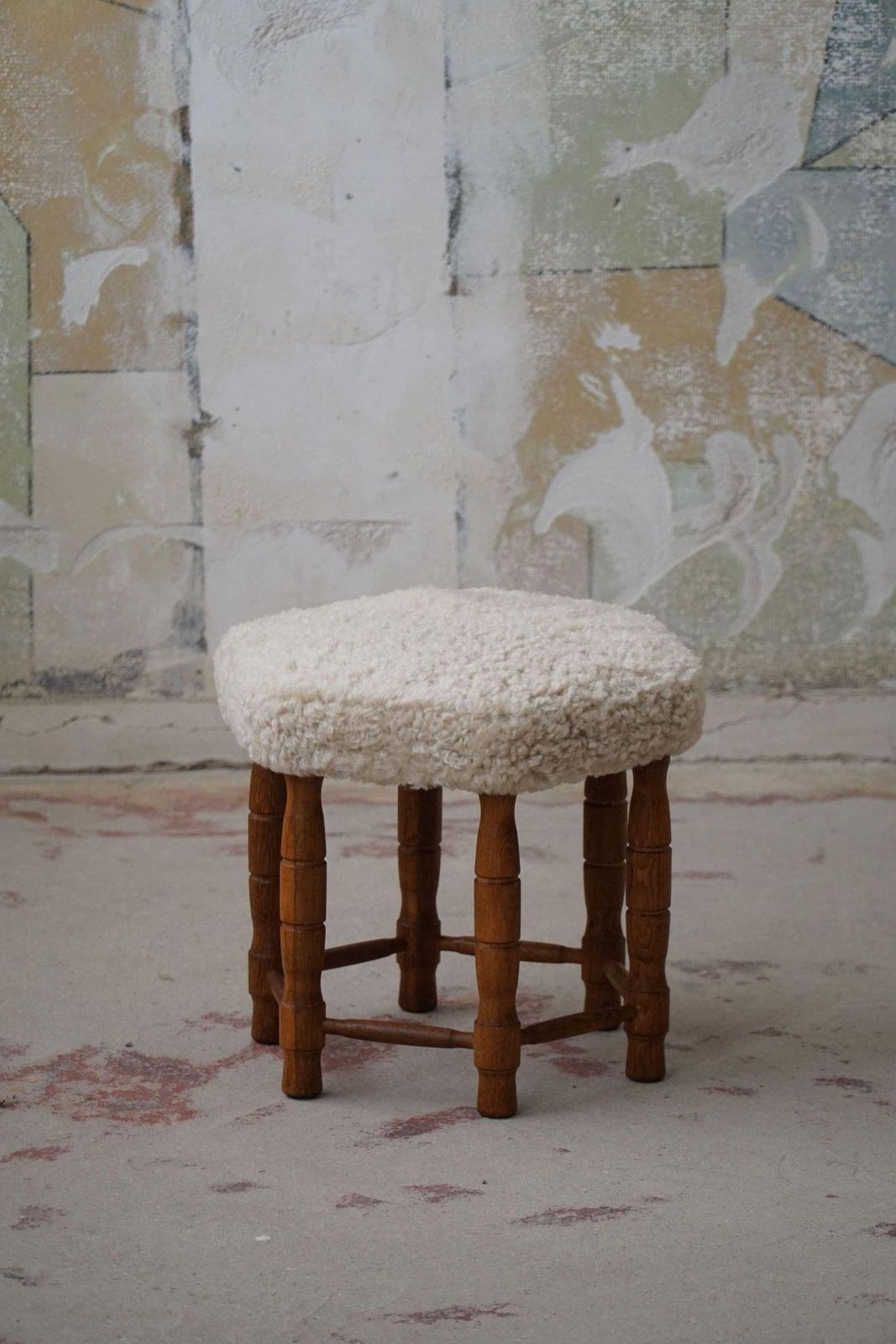 549.0 Danish Modern, A Hexagon Stool In Oak, Reupholstered Seat In Lambswool, 1950s photo