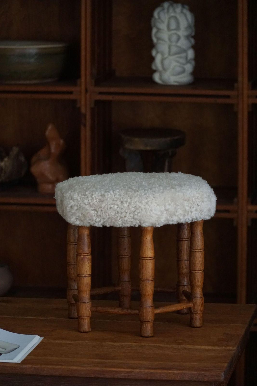 photo buy Danish Modern, A Hexagon Stool In Oak, Reupholstered Seat In Lambswool, 1950s